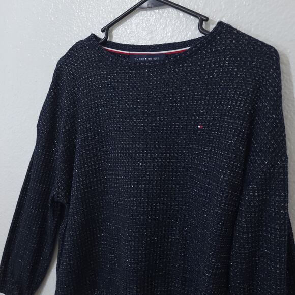 Tommy Hilfiger Sweater Top Womens Small Navy Blue Waffle Thermal Knit Round Neck - Picture 5 of 11
